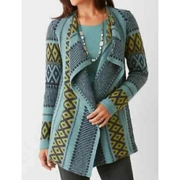 J. Jill Alpaca Wool Tribal Knit Sweater Fair Isle Open Front Cardigan Jacket XS - Picture 1 of 9